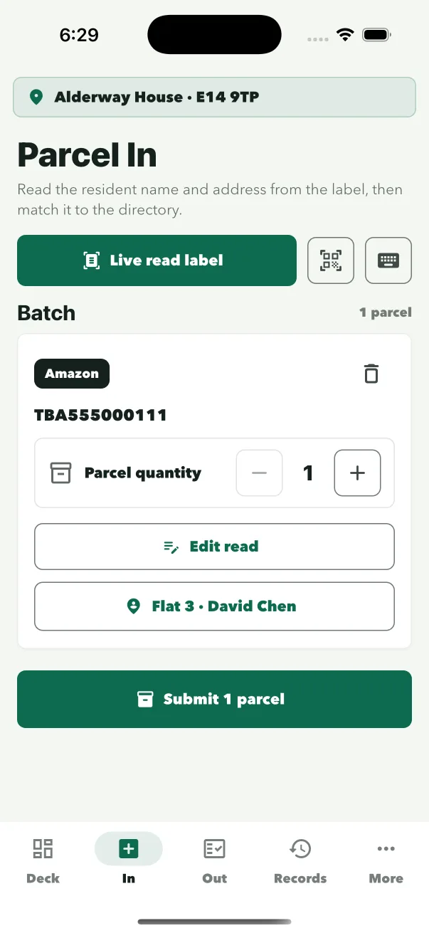ConciergeDeck parcel intake confirmation