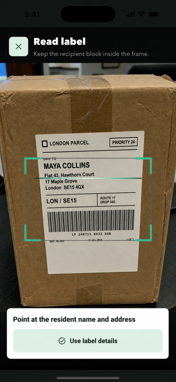 ConciergeDeck scanner framing a parcel recipient label